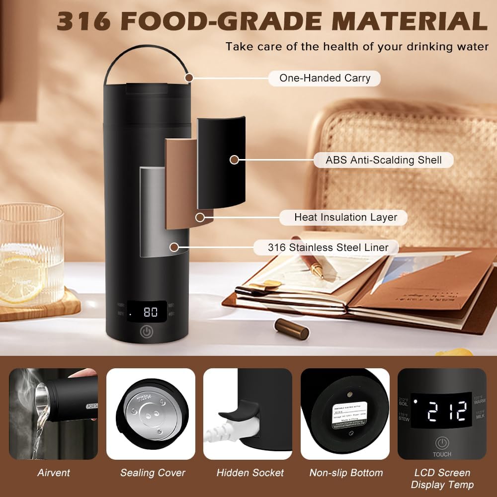 Portable travel Electric Kettle For Tea Coffee 500ml With 4 Temperature Control
